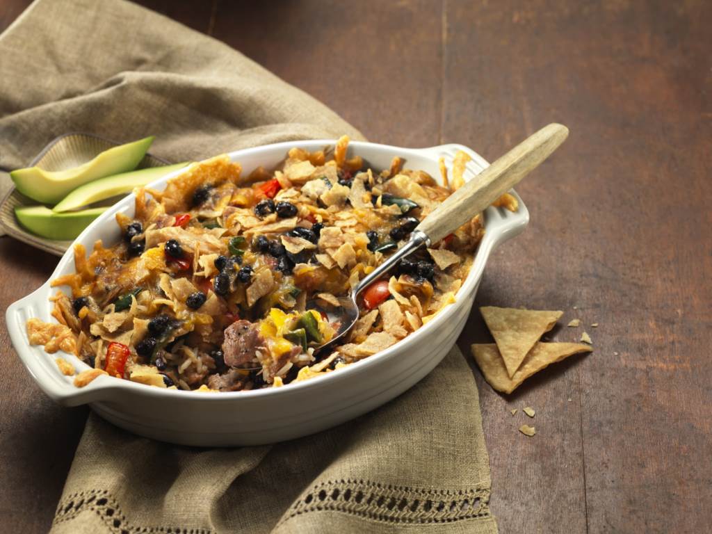 Black bean fajita casserole in casserole dish